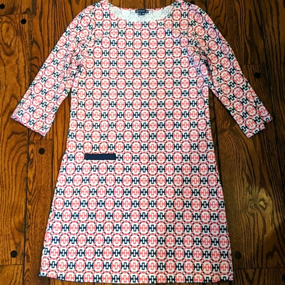 Melly M pink/navy link print dress medium